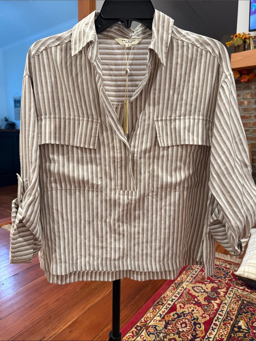 Max Studio Beige and White Striped Button-Front Pullover Shirt